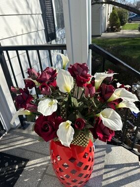 Floral Arrangement in Gold Vase with Burgundy Rose and White Calla Lilly - Brand
